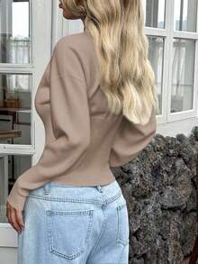 Áo khoác cardigan tay dài cổ chữ V màu trơn, kiểu dáng Y2K Sunshine Girl gợi cảm, thích hợp cho mùa xuân, ngày Valentine và mùa tựu trường. - Màu Khaki - Xem 2