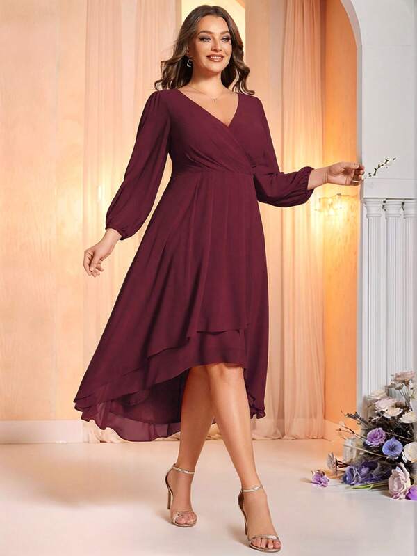 EVERPRETTY Vestido de dama de honor o invitada de boda de longitud midi en talla grande para mujer, con escote en V, mangas largas, plisado con doblez y corte asimétrico en gasa