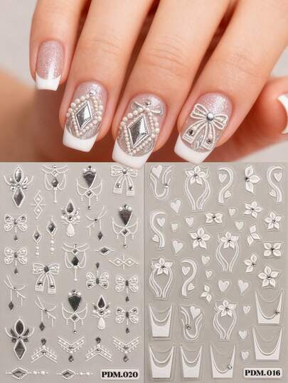 2pcs Retro Luxury Pendant French Manicure Embossed Manicure Stickers - Flower Shape, Curved/Curly Grass Pattern, Simple Flower Shape, Pearl + Line Design, Self-Adhesive Manicure Decals For Women, 5D Embossed Finish, Retro Luxury Exquisite Theme, Easy To Apply For Nail Decoration, DIY, Gift, Party Makeup Look