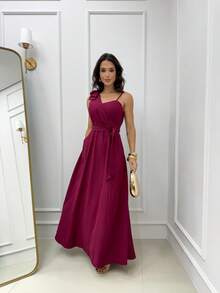 Women's Long Dress With Thin Straps And Bow, Elegant, Chic Party, Wedding, Graduation, Modest Fashion, Padded Bra. - Màu Tím - Xem 3