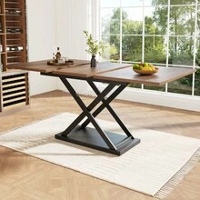 Telescopic Dining Table (120-160*80cm), Extendable Dining Table, Space-Saving Kitchen Table, Black Crossed Iron Legs, For Kitchen And Living Room, Walnut Color Dining Table - Walnut+Black + MDF+Metal - View 6