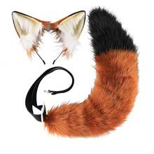 Realistic Fox Ears & Tail Costume with Soft Plush Fur - Orange & Black Anime Cosplay Outfit with Expressive Eyes Design, Comfortable Headband & Fluffy Tail for Halloween, Themed Parties, Roleplay - Durable & Easy-Care Character Costume for Adults & - ブラウン,ブラック - チェックする 1