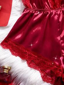 Regalo sorpresa del Día de San Valentín - Body de satén con ribete de encaje sexy, lencería sexy de escote en V profundo, tirantes ajustables, diseño de espalda cruzada - Burdeos - Ver 6