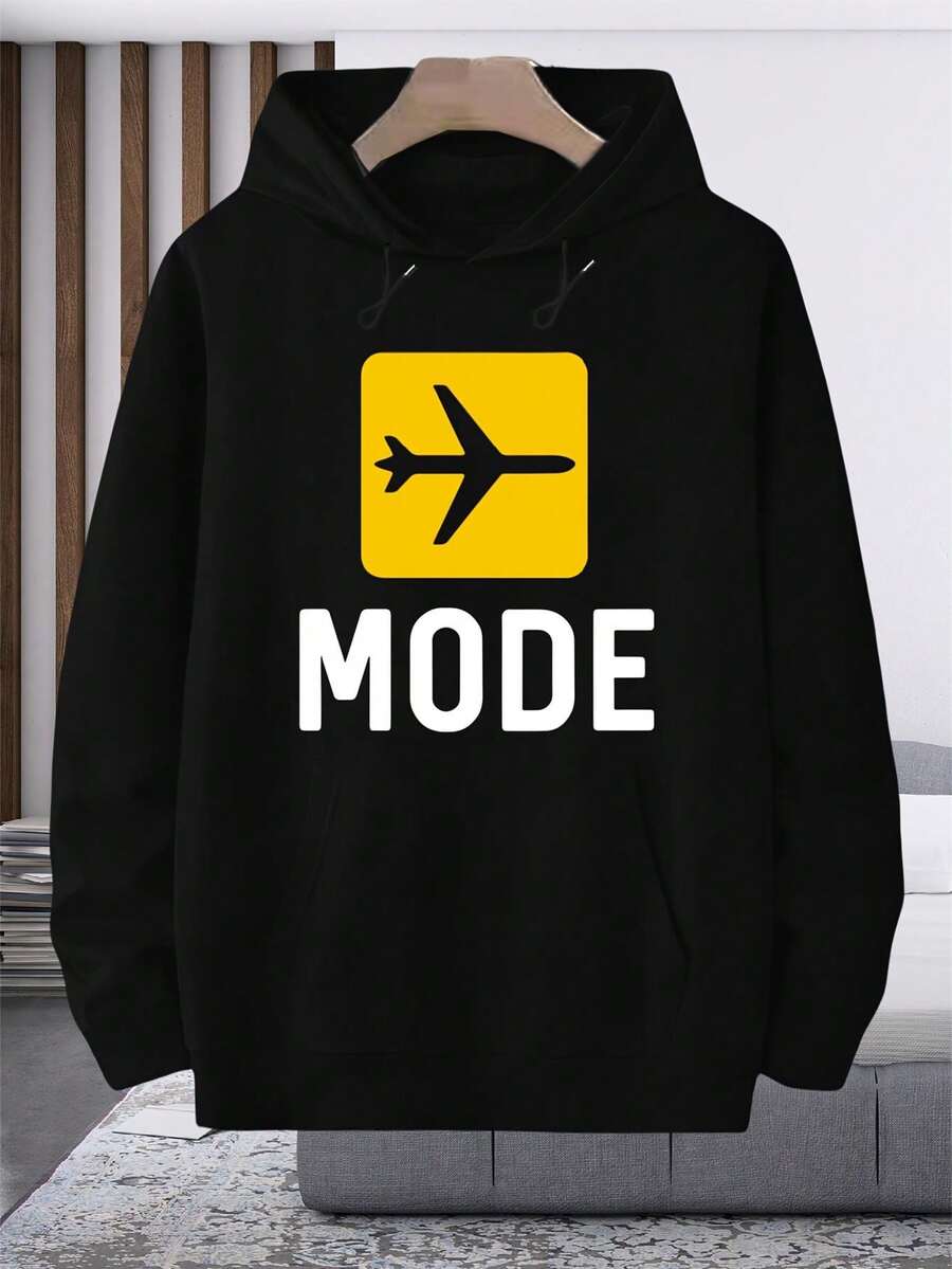 Sudadera con capucha negra y amarilla con estampado de avión y MODE - Sudadera de estilo urbano con tema de aviación con bolsillos, suéter casual suelto, adecuada para el invierno, ropa cálida lavable aáquina, adecuada para estudiantes y atuendos casuales (diseño de MODE) - Negro - Ver 1