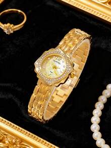 CARYINO Unique Niche Design Rhinestone Dial Classic Fashion Strap, Elegant Gold & Silver Color Women's Wrist Watch, Suitable For Daily Wear, Holiday Gift, Fashion Accessory