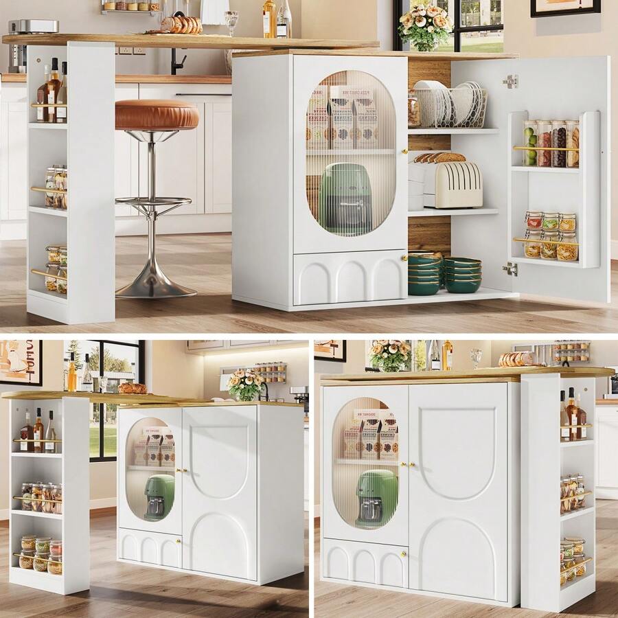 Mmm 360° Rotating Bar, Standing Table (138 X 39 X 102 Cm Frame), Coffee Bar Unit, Rotating Dining Counter With Storage, Kitchen Island, Three Doors With Shelves In Doors, Dividers, White/Black