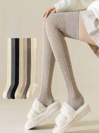 1/3/6 Pairs Cable Knit Argyle Pattern Over-The-Knee Socks, 6 Colors Available, Vintage Interesting Socks For All Seasons, Suitable For Skirts And Campus Girls