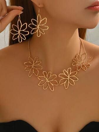 1 Set de Pendientes y Collar de Mujer con Diseño de Flor Hueca Vintage Elegante y Asimétrico Exagerado, Estilo Europeo y Americano, Adecuado para Uso Diario y Reuniones Casuales