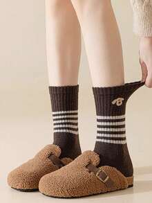 5 Pairs Women's Cute Puppy Jacquard Warm Striped Mid-Calf Socks, Breathable For Autumn/Winter