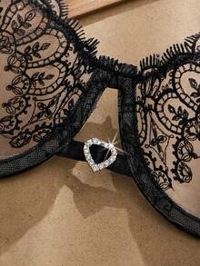 2PCS Women's Embroidered Lace Underwear Set, Semi-Transparent Heart-Shaped Bra And Bow-Tied Panties, Comfortable Home Style Women's Two Pieces Set - màu đen - Xem 4