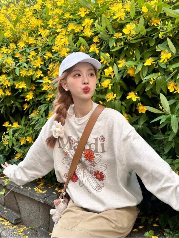 Y2k, 320g Casual Lazy Style Women's Fall/Winter Fashion Loose Round Neck Long Sleeve Sweatshirt, Floral Letter Print, Soft Fabric, Unisex One-Piece Wear Outside Funny Pullover Top