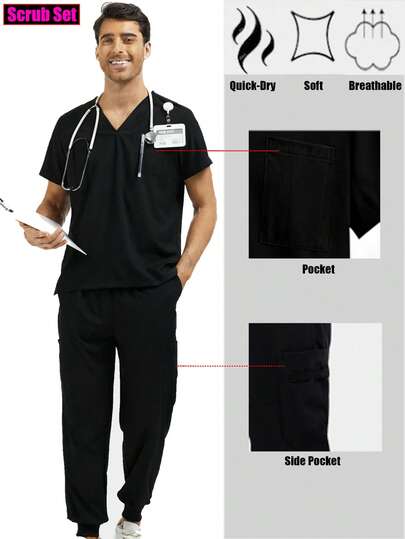 Conjunto de uniformes de trabajo para hombres en clínicas dentales, con bolsillos multifuncionales y tela que absorbe la humedad