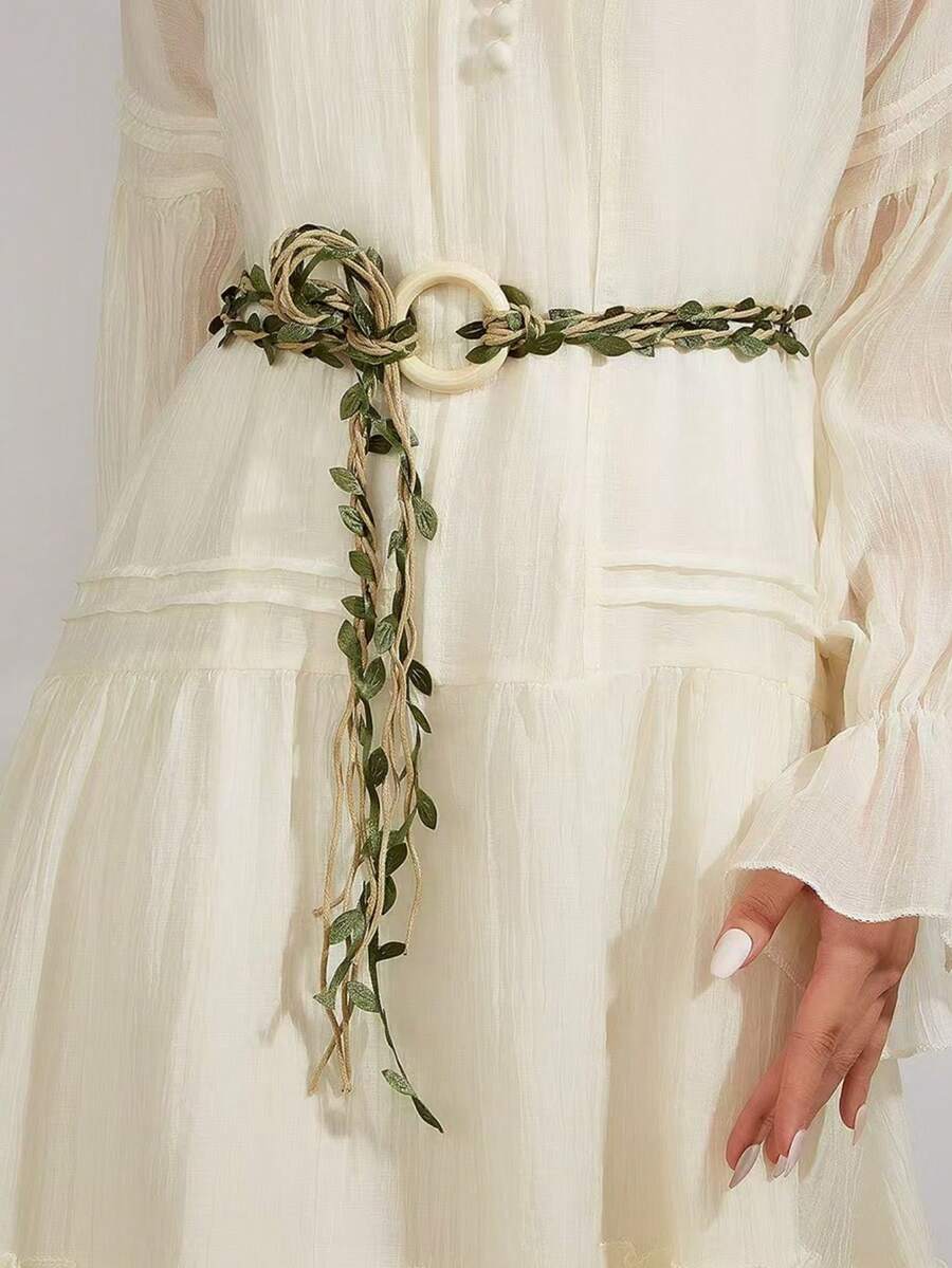 Renaissance Medieval Belt, Linen Green Leaf Handwoven Belt Summer, School Fall, Autumn, Halloween - 綠色 - 查看 1