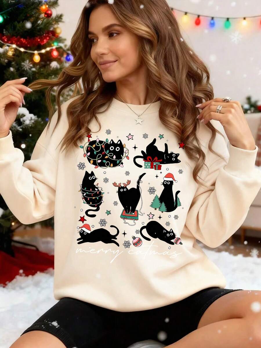 Women's Festive Cat Print Christmas Sweater Warm Lined Long Sleeve Round Neck Pullover Top With Rib-Knit Details Perfect For Winter - Apricot - View 1