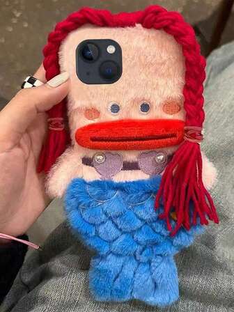 Funda de teléfono protectora con diseño de sirena de peluche esponjoso y trenzas compatible con Apple iPhone 11/12/13/14/15/16 Pro Max, diseño de moda creativa