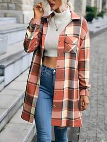 Chaqueta Holgada A Cuadros Para Mujer, Abrigo Camisa Larga De Manga Larga Con Botones Delantetos - Naranja - Ver 5