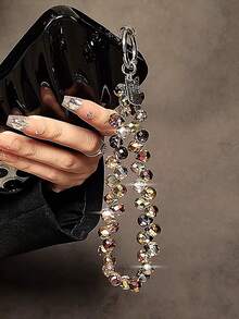 1pc Luxury High-End Crystal Beads Hand Wrist Chain, Exquisite Short Mobile Phone Case Lanyard, Stylish Keychain & Bag Amber Pendant, Durable & Portable Outdoor Travel Shopping Smartphone Anti-Lost Bracelet For Women