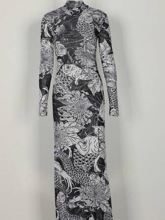 撞色派对夜店街头风修身连衣裙，高领透视长袖印花网纱连衣裙，春夏款