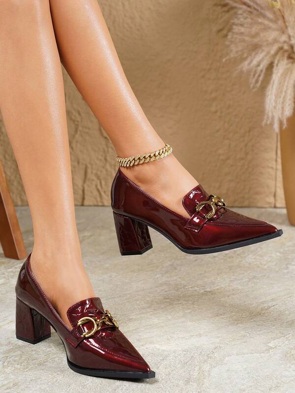 Pointed Toe High Block Heel Slip-On Pumps, Versatile High Heels, Elegant Work Shoes, Solid Color Business Office Shoes With Pure Metal Decor