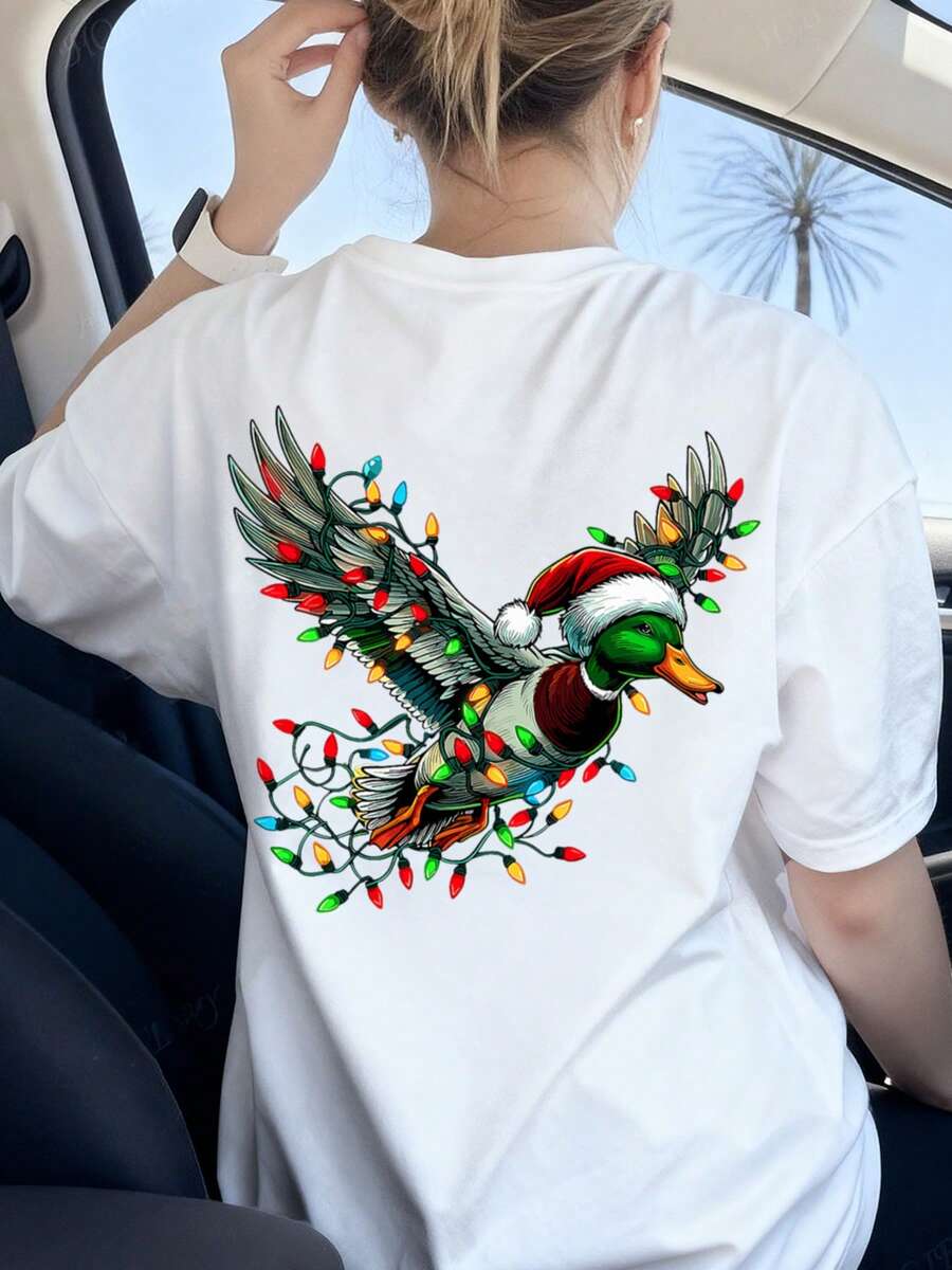 Oversized Graphic T-Shirt,Christmas Duck Shirt, Festive Holiday Lights Graphic Tee, Winter Season Gift, Retro Happy Christmas Preppy Goose T-Shirt, Santa Goose Gift Tee, Highlighting Eye-Catching Back Graphic Print For Casual Daily Wear - White - View 1