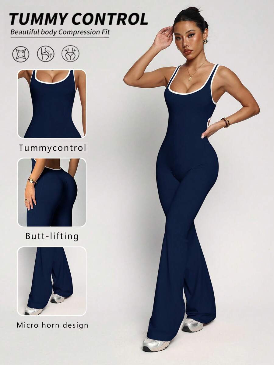 Midriff Cutout Design, Flare Leg Silhouette To Elongate Legs, #Sexy Activewear #Confident & Playful #Camera-Ready, Backless Jumpsuit, Cinched Waist Flare Leggings, Butt-Lifting Activewear, Waist-Cinched Booty-Lifting Yoga Set - Navy Blue - View 1