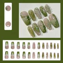 24Pcs Green Press On Nails Medium Square Fake Nails With Pearl Rhinestones Designs 3D Flower Water Drops Full Cover False Nails White Green Gradient French Tips Stick On Nails For Women FFgirls{Inchcolorinch:InchMulticolorinch} - 多色 - 查看 3