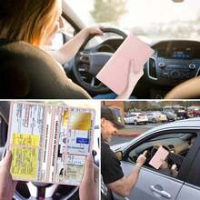 PU Leather Car Registration And Insurance Holder, Vehicle Registration And Insurance Card Holder Car, Auto Document Holder Glove Box Organizer Car Insurance Folder, Auto Glovebox Organizer Car Glove Compartment Organizer Women And Men - Pink - 黑色 - 查看 6