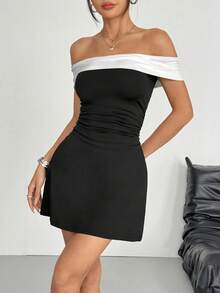 Regalo de San Valentín:Vestido corto ajustado de mujer con hombros descubiertos, unicolor y parche - Blanco y Negro - Ver 8