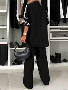 Fashionable & Elegant Women's Color Block Cuff Ribbed Hem Splice Tape Office Casual Suit Set, Suitable For Commuting, Business, And Everyday Casual Wear Spring Black - Black - View 3