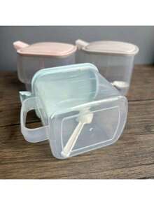 Frasco para especias con tapa abatible 3 colores azul rosa beige organizador de cocina transparente antipolvo recipiente multiusos almacenamiento de condimentos especiero accesorio decorativo para cocinas modernas - Azul - Ver 5