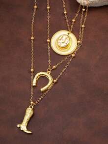Set Of 3/1pc: Vintage Western Cowboy Style 3D Cowgirl Boots With Horseshoe Pattern, Cowboy Hat, Simple Silver-Color Chain Necklace - Gold - View 2