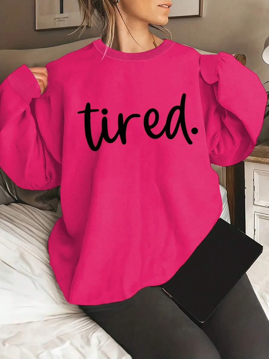 Winter Clothing Sweaters Plus Size Fatigue Print Sweatshirt, Casual Round Neck Long Sleeve Pullover, Suitable For Spring And Autumn, Women's Plus Size Clothing Loose And Comfortable Sweatshirts New Year Outfit Sweatshirts Sweaters - 玫紅色 - 查看 1