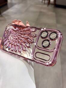 Luxury Plating Peacock Glitter Diamond Phone Case Compatible With IPhone 17 Pro Max 17 Pro 16 15 Pro Max 14 Pro 13 Soft Clear Lens Film Cover - Pink - View 3