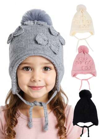 1 st stickad mössa för flickor med rosett och pompomboll, varm vintermössa för vardagsbruk