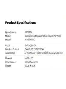 CM36ACND 車用無線充電支架 15W無線充電技術 高效率能量傳輸 出風口固定 黑色