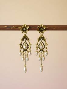 2pcs Vintage French Style Silver Needle Flower Pearl Teardrop Tassel Earrings, Medieval Retro Palace Style Earrings, Lightweight Luxurious Earrings, Women's Daily Party Accessories, Fashion Jewelry, Best Friend Gift - Multicolor - View 5