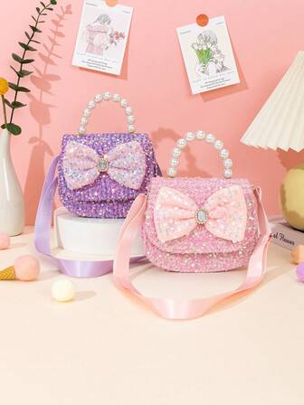 1个亮片材质大蝴蝶结珍珠装饰手提包，可调节肩带，适合外出、生日礼物、节日礼物