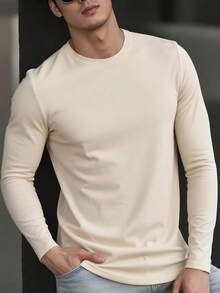 男士休闲标语和图案印花长袖 T 恤，秋季 - 杏色 - 查看 1