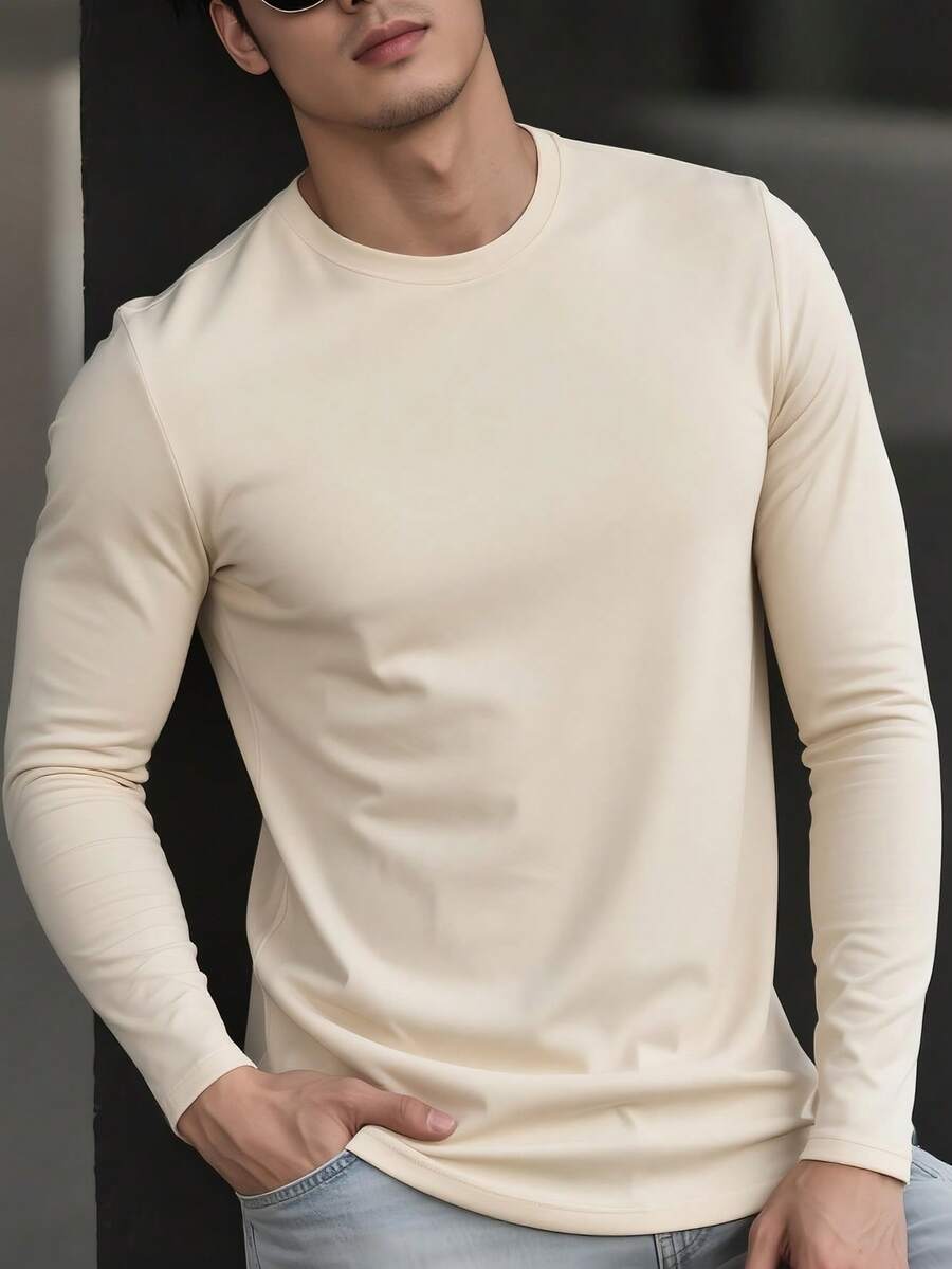 男士休闲标语和图案印花长袖 T 恤，秋季 - 杏色 - 查看 1