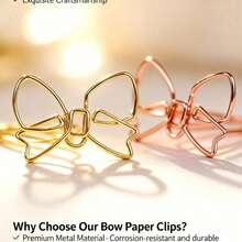 50个/优雅蝴蝶结回形针 - 金色和玫瑰金金属文件夹夹，适用于日记本、办公文具礼品 - 彩色 - 查看 3