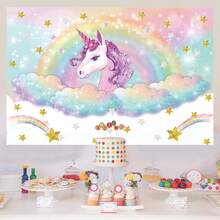 1件全新独角兽装饰背景布，亮丽涤纶纤维魔法独角兽图案 | 彩虹花朵和梦幻森林场景，适用于家居装饰、墙面装饰、房间装饰、派对装饰、摄影工作室装饰背景布、淋浴背景墙、电话亭和婴儿洗礼主题派对 - 耐用、易悬挂且可重复使用的横幅 - 彩色 - 查看 8