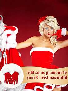 2只装圣诞天鹅绒手套，圣诞老人服装手套，带白色毛绒袖口，腕长手套，圣诞连指手套，圣诞老人