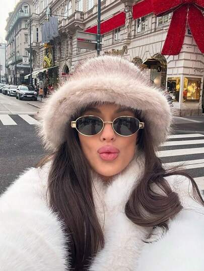 Kış Peluş Moda Degrade Sahte Kürk Kova Şapkalar, Kadınlar Kalın Sıcak Kabarık Tilki Kürk Lüks Panama Kova Şapka.