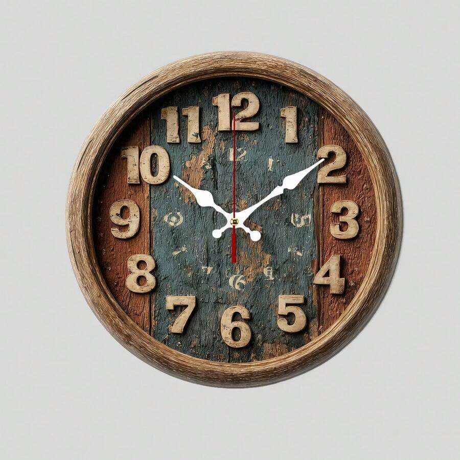 Wooden Clock Rustic Wooden - Themed Round Wall Clock Vintage Decor Home Living Room Wall Art Decor Wooden Silent Non-Ticking Wall Clock, Battery Powered, Decoration 2025 - Black - View 1