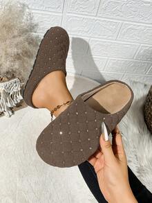 1双格子亮片休闲套脚拖鞋，人造革圆头平底凉拖，时尚女士家居/户外穆勒鞋，尺码偏小 - 咖啡棕 - 查看 8