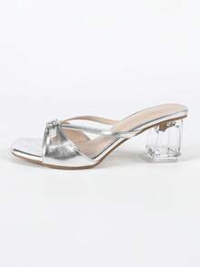 Modische und elegante Damen Sandaletten mit Silber-Strass-Dekor, hoher Absatz, bequemes Hohlabsatz-Design, geeignet für Hochzeit, Party, Outdoor-Aktivitäten und den täglichen Gebrauch, Frühling Sommer Outfits - Silber - Übersicht 6