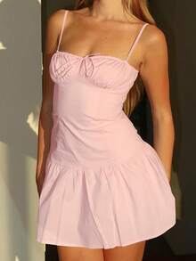 1pc Solid Color Ruched Bust Tie Strap A-Line Mini Dress, Suitable For Party, Vacation, All Seasons - Pink - View 1