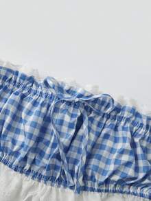 Plaid Off The Shoulder Tops For Women Summer Fashionable Slim Fit Lace Trim Crop Shirts - Blue - View 7