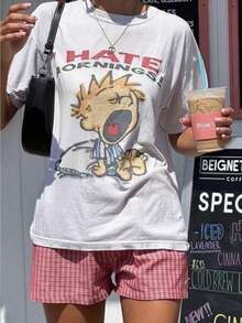 Oversized Vintage I Hate Mornings Tshirt, Retro Cartoon Tshirt, Baggy Fit Graphic Tee, Vintage Tshirt,  Tshirt, Y2K, Vintage 90s Tee  Funny Graphic Tshirts For Men Women Round Neck Loose Casual Tees - 白色 - 查看 2