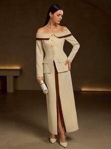 Women's Fall/Winter Elegant Fashion Lapel/One-Shoulder Color-Blocking Coat With Fitted H-Shaped Color-Blocking Midi Skirt Suit - Apricot - View 3